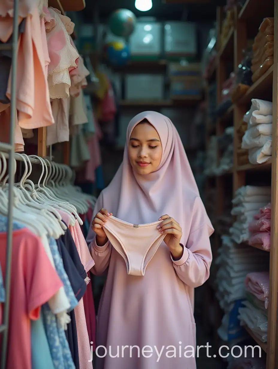 Young-Muslim-Woman-Browsing-Through-Womens-Underwear-in-a-Traditional-Southeast-Asian-Market