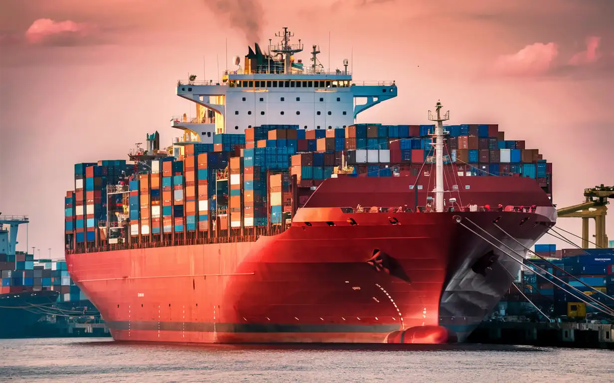 Busy Port Scene with Red Cargo Ship in Clear Evening Light