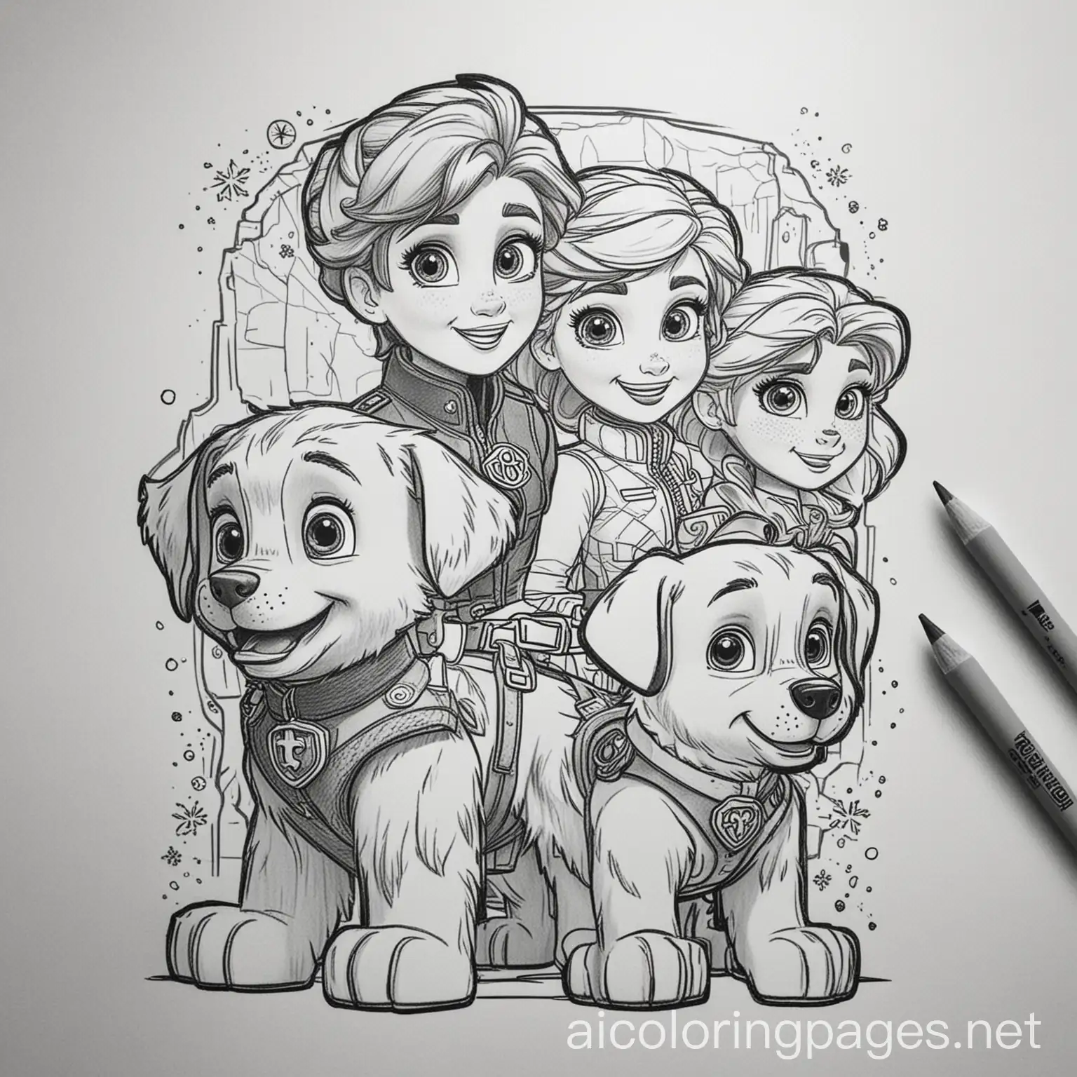 Frozen and Paw Patrol together, Coloring Page, black and white, line art, white background, Simplicity, Ample White Space. The background of the coloring page is plain white to make it easy for young children to color within the lines. The outlines of all the subjects are easy to distinguish, making it simple for kids to color without too much difficulty