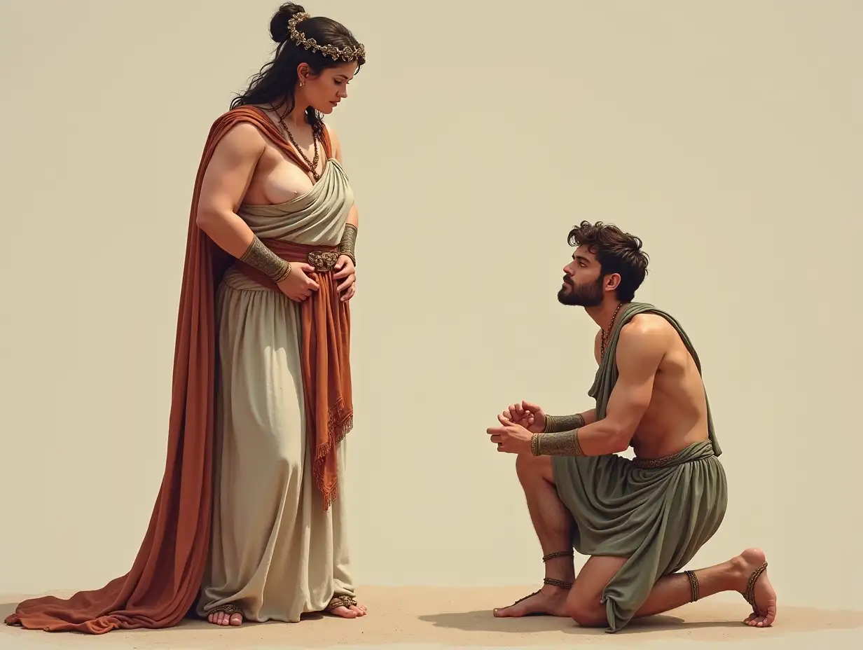 Full-Figured-Woman-in-Ancient-Greek-Clothing-Standing-Over-Kneeling-Man