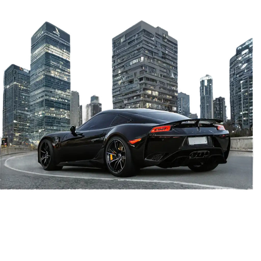 Stunning-Nighttime-Cityscape-PNG-Shiny-Black-Sports-Car-Speeding-Through-Skyscrapers