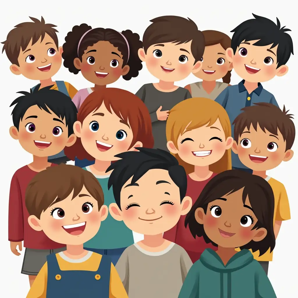 Generate an image of a group of primary school children of different nationalities and with different physical features.