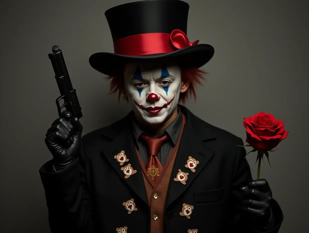 Clown with thin white painted face, black-red top hat with red ribbon, black suit with mean teddy bear stickers, a gun in one hand and a rose in the other