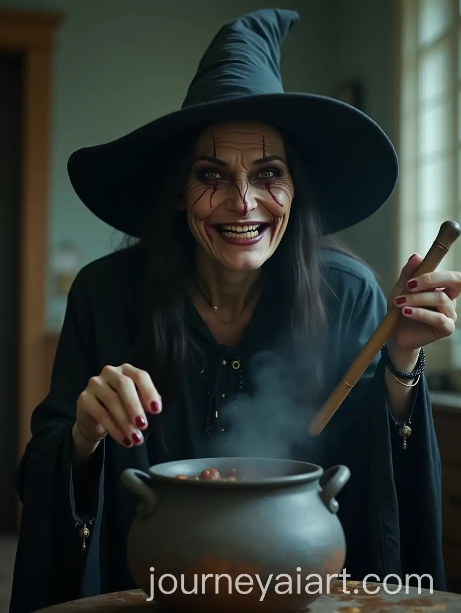 Witch-with-a-Damaged-Face-Holding-Magic-Wand-in-Front-of-an-Old-Haunted-House