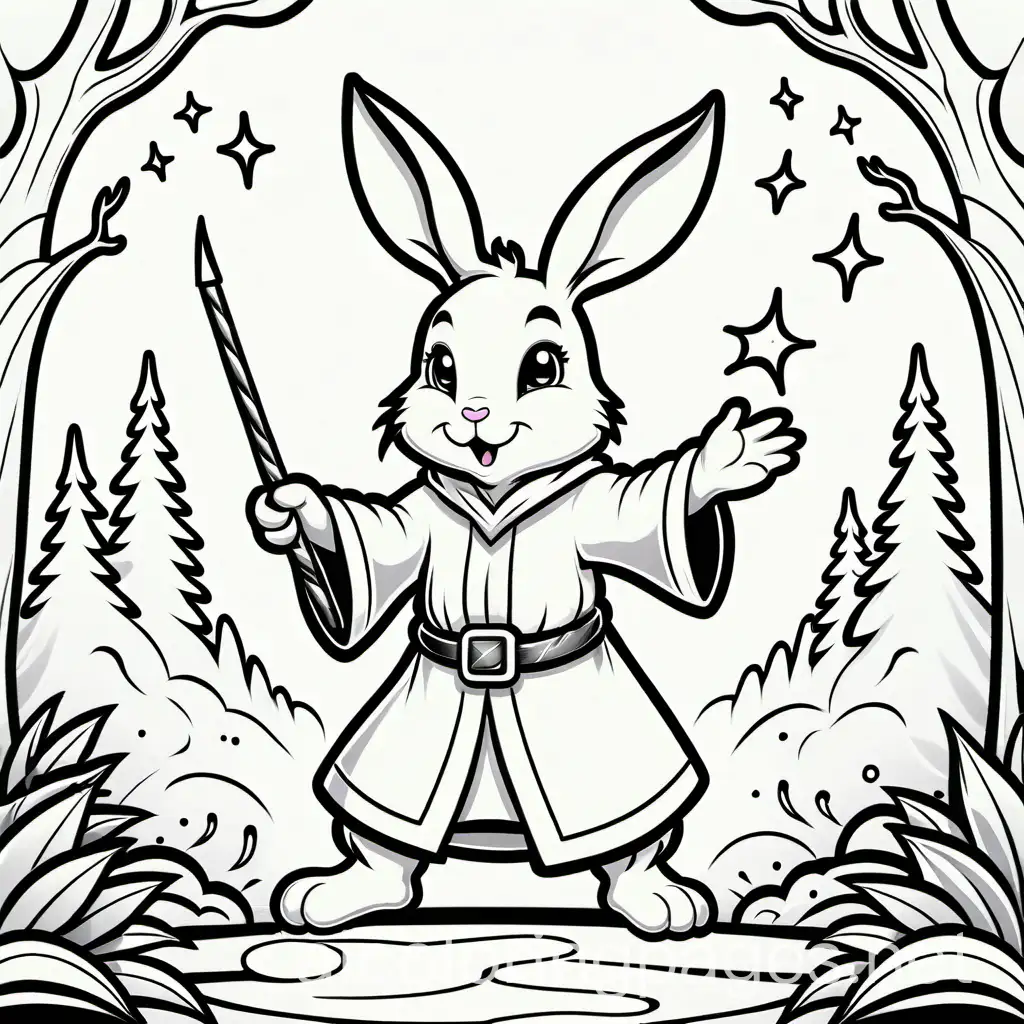 coloring page rabbit wizard casting a spell, Coloring Page, black and white, line art, white background, Simplicity, Ample White Space. The background of the coloring page is plain white to make it easy for young children to color within the lines. The outlines of all the subjects are easy to distinguish, making it simple for kids to color without too much difficulty