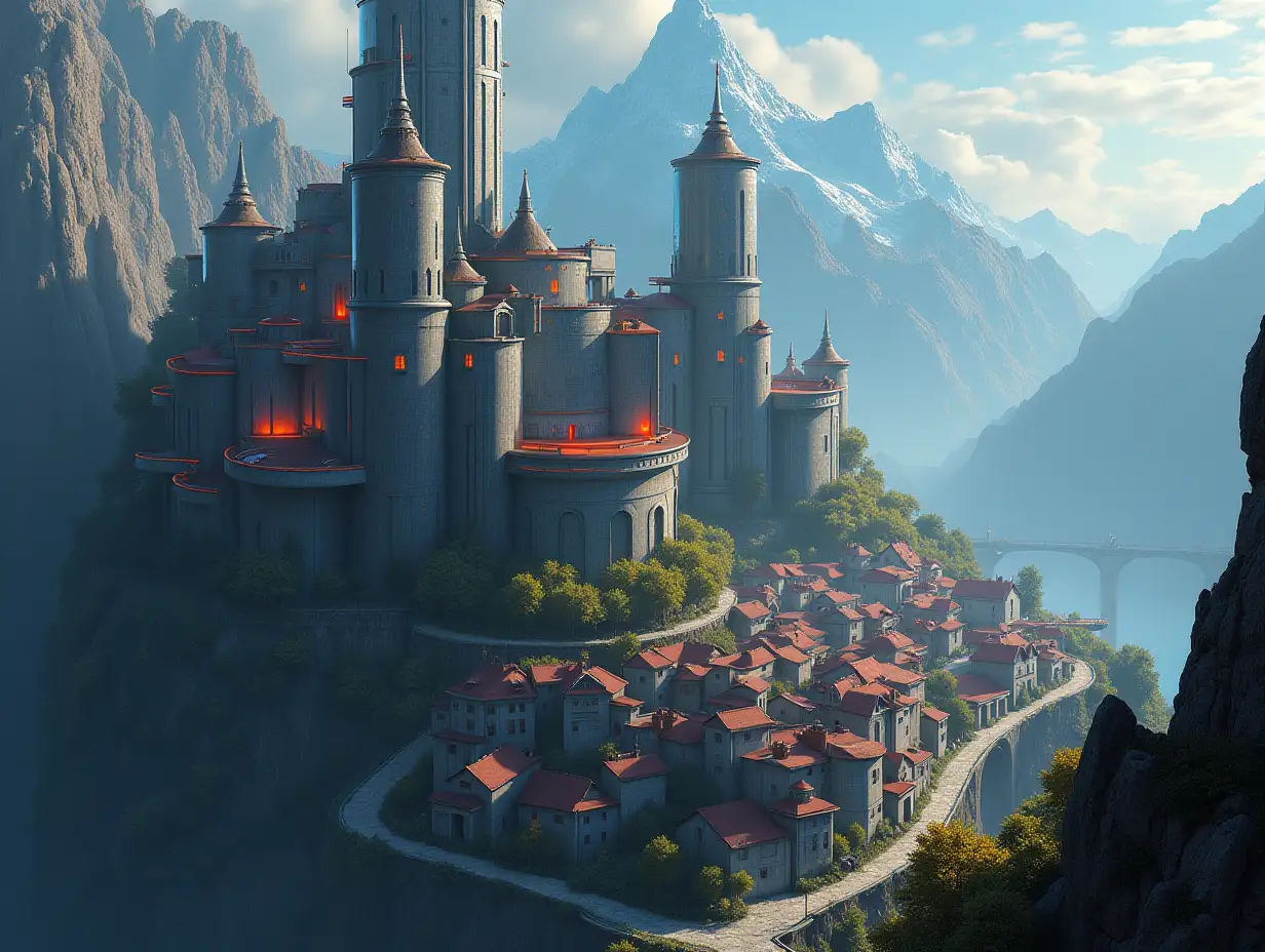 Create a scene with a futuristic castle. The castle should be made of glass and metal, with bright neon elements and unusual architecture. At the bottom, next to the castle, draw a medieval town with narrow streets, stone houses and towers. The town should be surrounded by impassable terrain such as high mountains, or steep cliffs. Take a bird's eye shot.