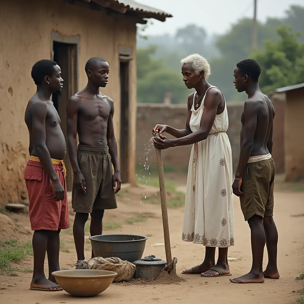 Black-Elderly-Woman-Washing-Clothes-with-Young-Man-in-Village-Setting