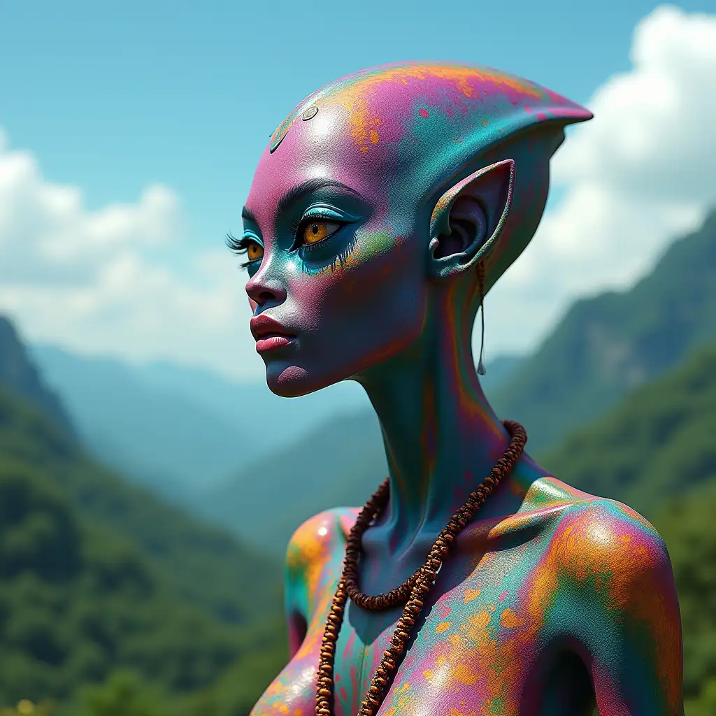 Alien woman colorful skin on a planet with rainforest,see blue sky clouds