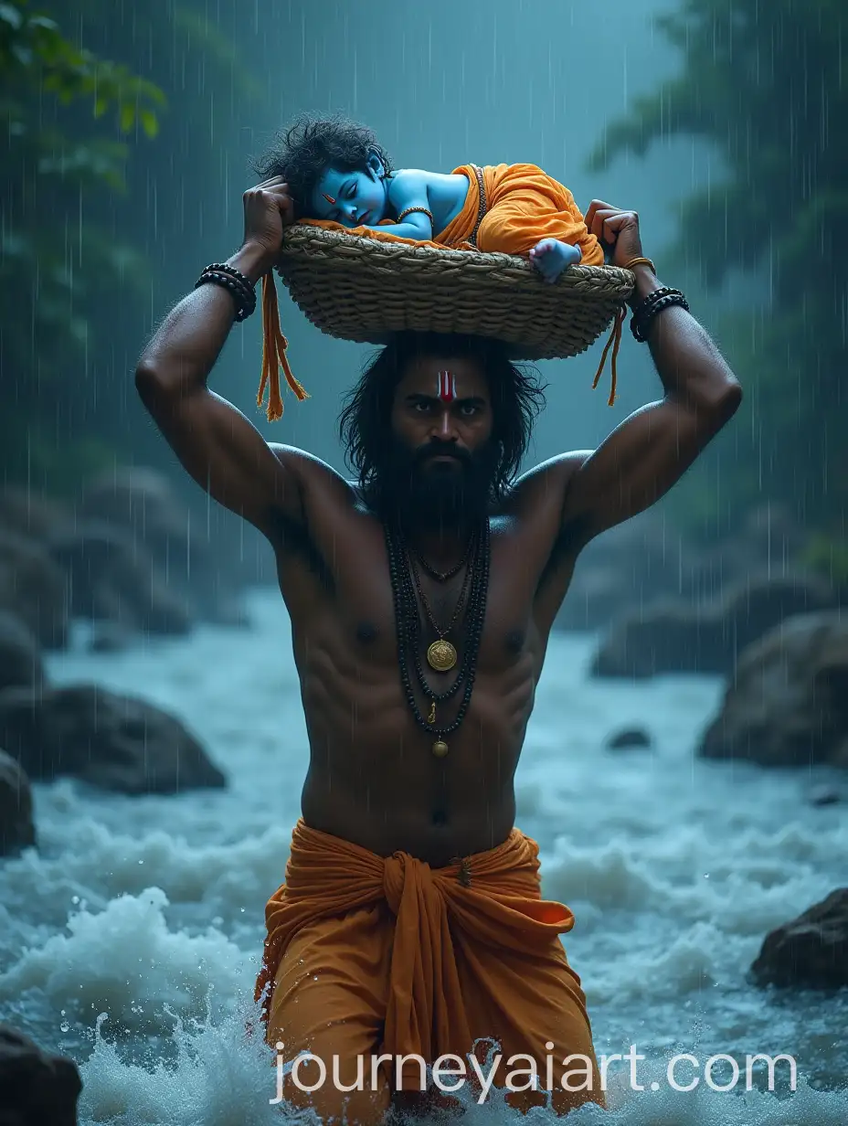 Devoted-Figure-Crossing-Stormy-River-with-Infant-Deity-in-Basket