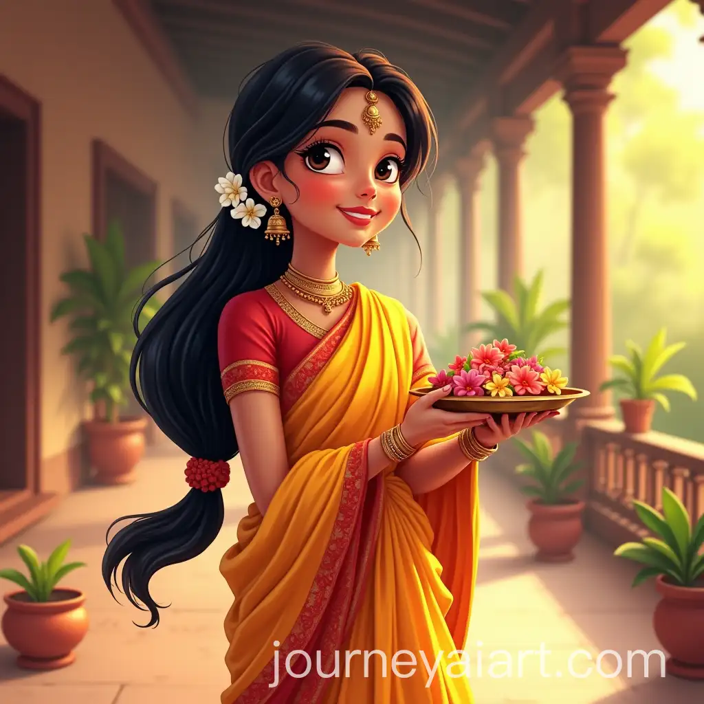 Young-South-Indian-Woman-in-Traditional-Churidar-with-Jasmine-Flowers-Ready-for-Puja
