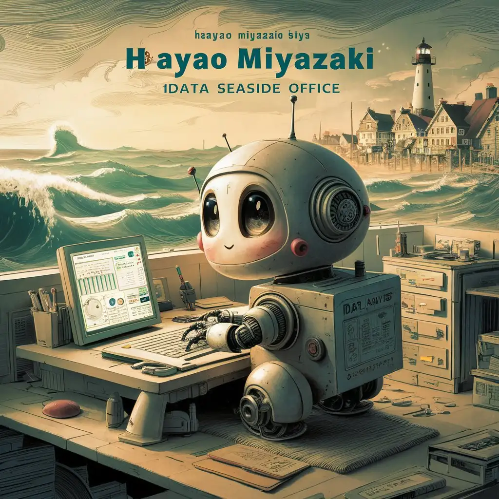 A small cute robot in a sea office, using a Hayao Miyazaki anime style, with data analysis elements