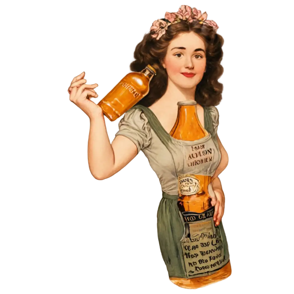 create an ad showing an old fashion bottle of cider called Dickens Cider with a picture and quote from a good ol gal housewife holding the bottle and saying how she loves a Dickens Cider in the morning. make the font in the ad and on the bottle very easy to read