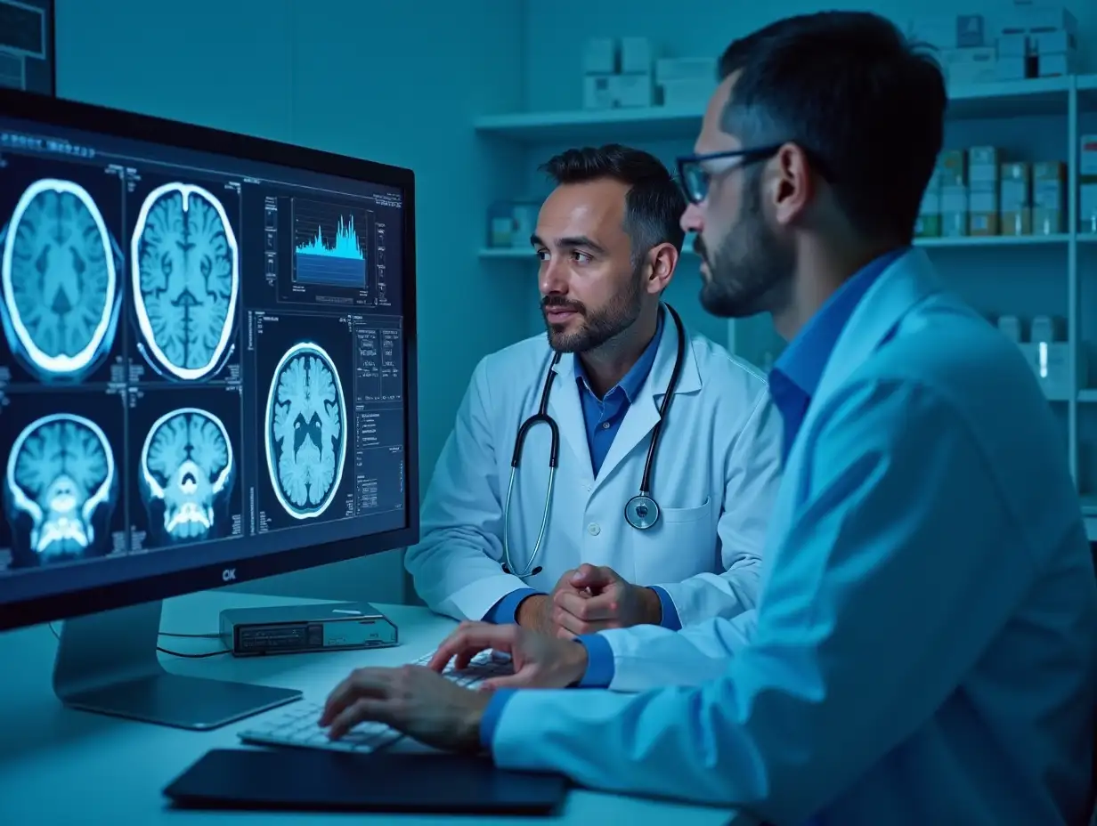 Medical Scientist and Surgeon Discussing CT Brain Scan Images on a Personal Computer in Laboratory. Neurologists  Neuroscientists in Futuristic Neurological Research Center