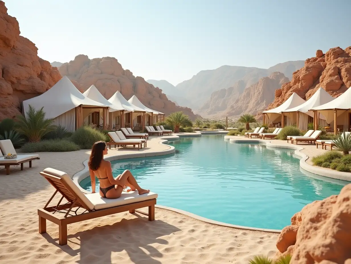 Luxurious-Desert-Hotel-with-Oasis-and-Pool-Woman-Relaxing-on-Deck-Chair