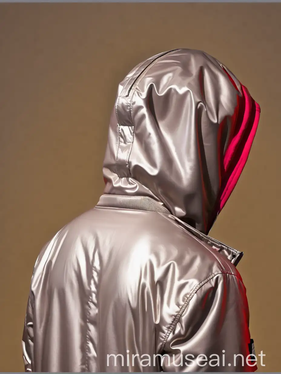 Person in Bright Plasticky Bomber Jacket with Hood