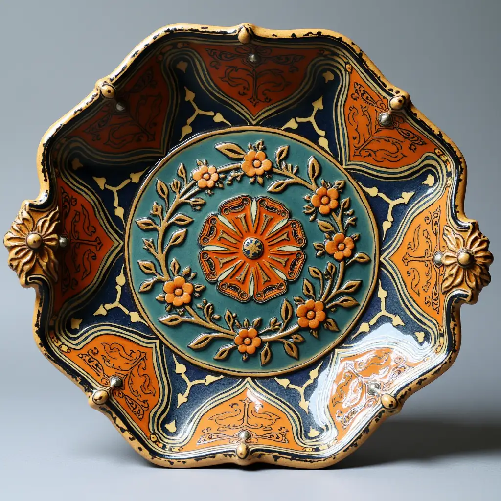 Octagonal with rounded corners ceramic serving dish with embossed beautiful handle,Fine art, Hyper detailed,Antique and old, Qajar art, Iranian Tabriz carpet design