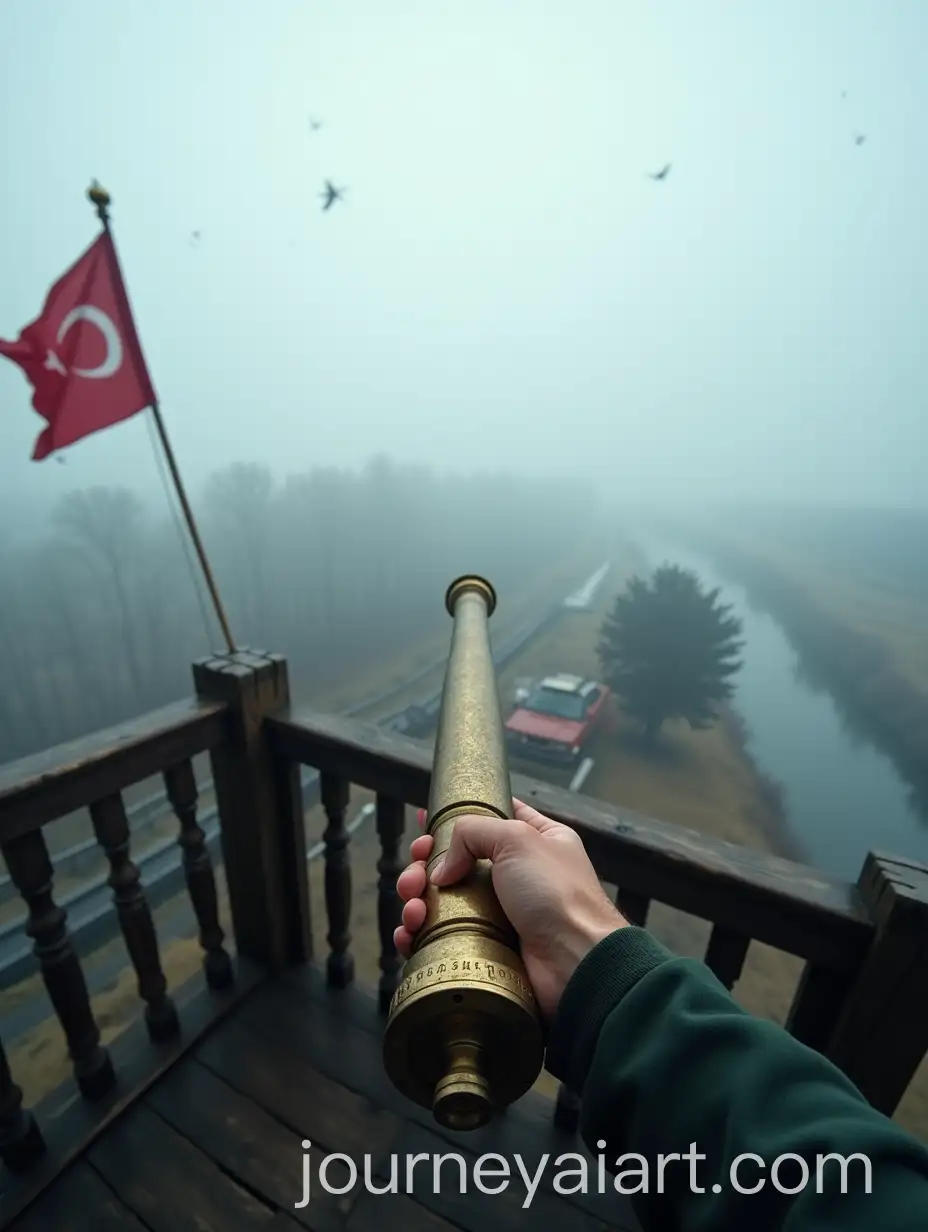 Soldier-on-Watchtower-Overlooking-Misty-Landscape-with-Ottoman-Flag