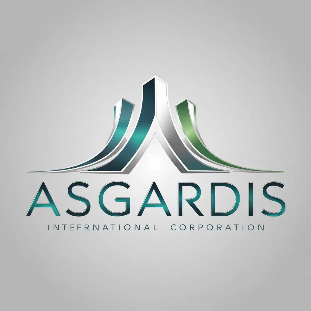 a logo design,with the text "Asgardis", main symbol:Create a minimalistic and modern logo for the high-tech international corporation 'Asgardis'. The logo should mainly consist of the company name 'Asgardis'. Style the letter 'A' so that it resembles the contours of three high-tech floating buildings. Use a clean, sans-serif font and a color palette of blues, greens, white, and silver.,Minimalistic,be used in Technology industry,clear background