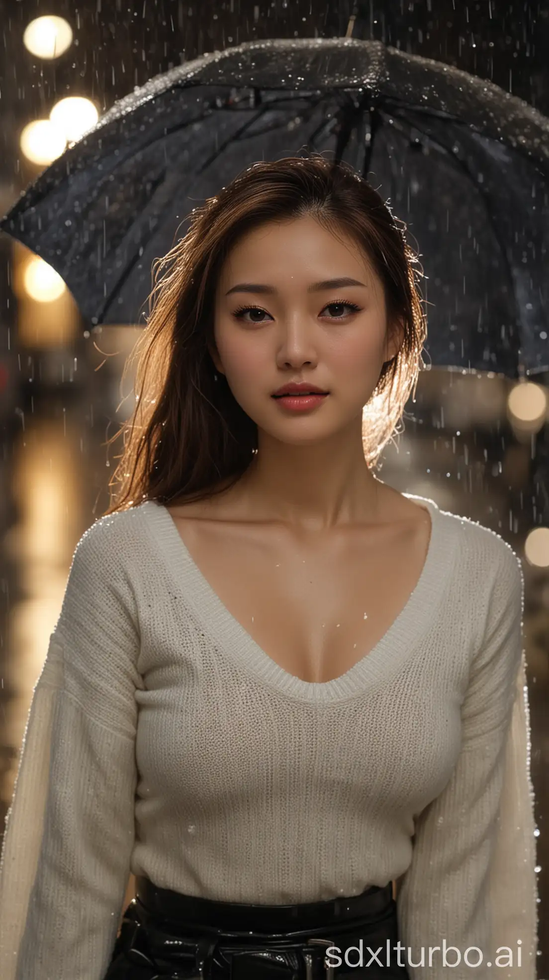 Chinese-Woman-in-Wet-Winter-Outfit-on-Rainy-Street-at-Night