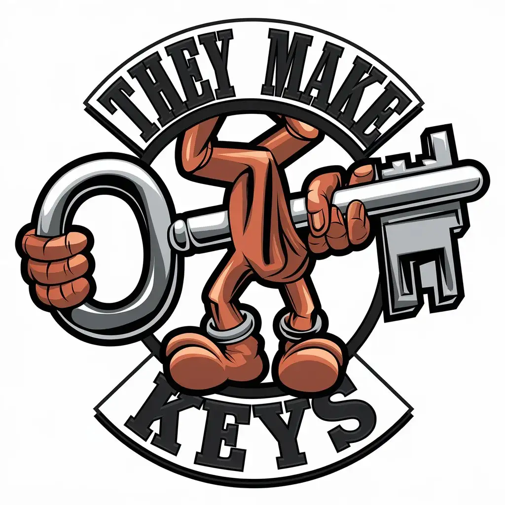 a vector logo design,with the text "they make keys", main symbol:a key with hands and feet, cartoon style,complex,clear background