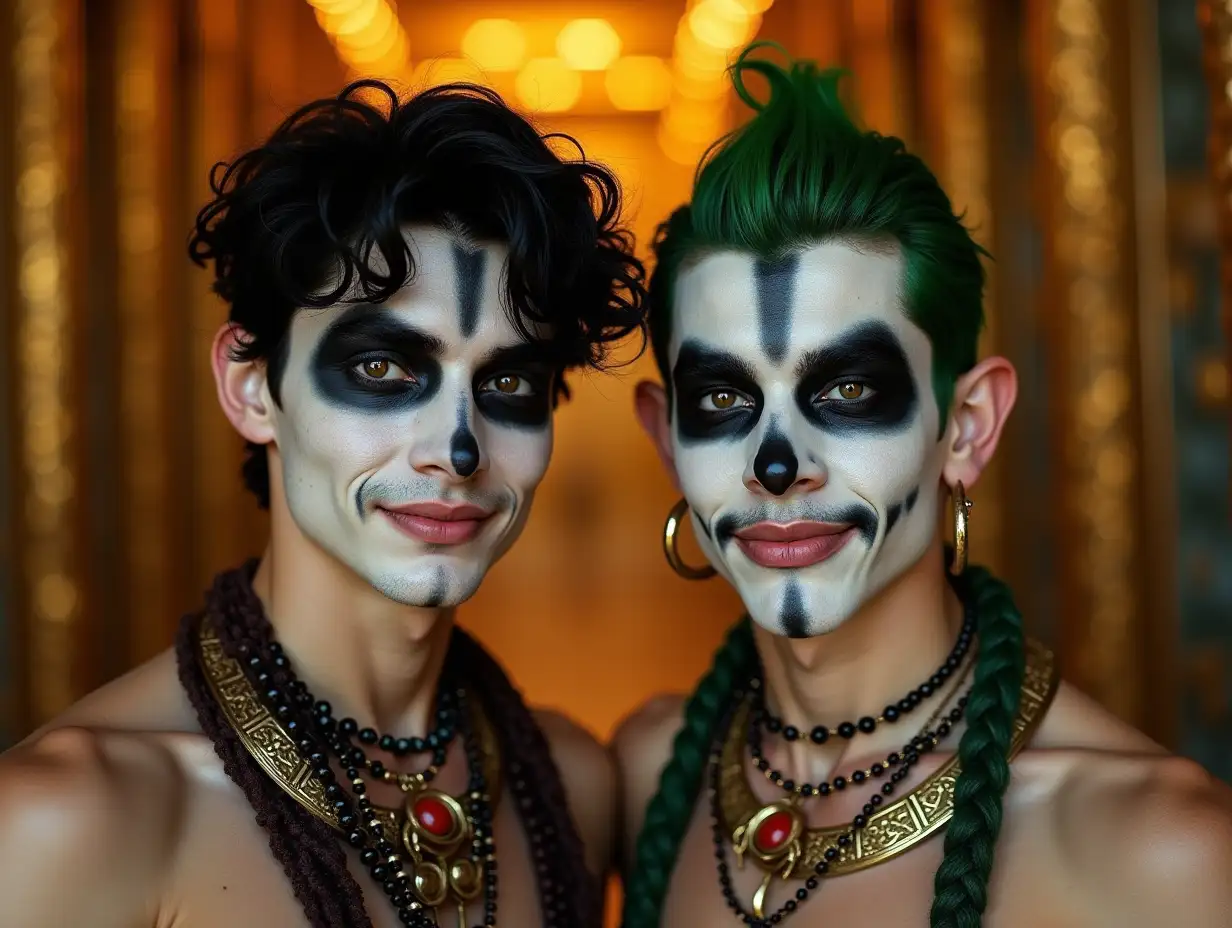 Two young men with black and white patterned faces, alien features, green hair, a slight smile on their faces, accentuating their smiles, wearing modern retro jewelry, in a temple with much gold in various shades 4k