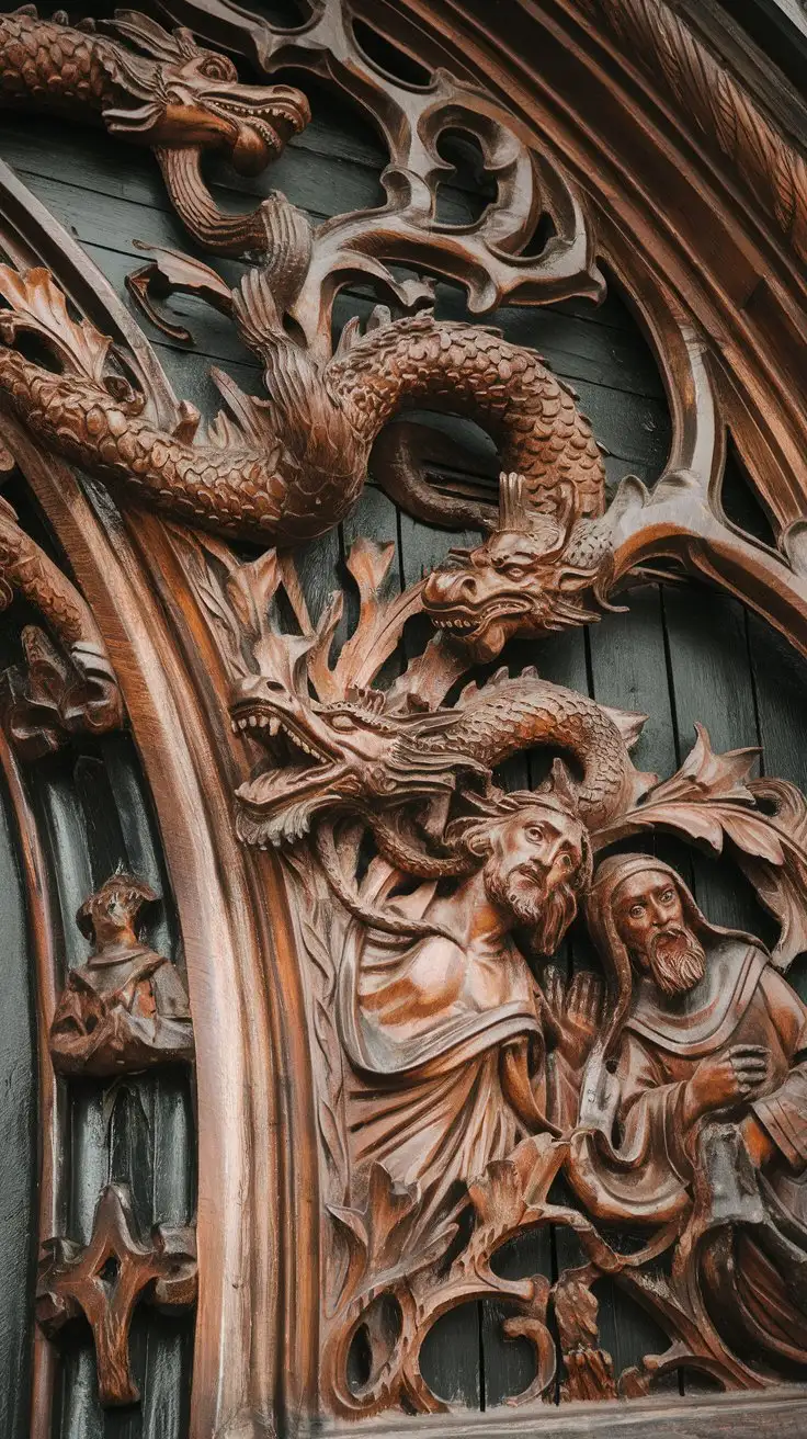 Viking-Dragons-and-Christian-Saints-on-Stave-Church-Portal-with-Intricate-Wood-Carvings