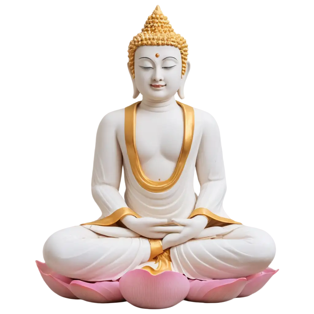 Stunning-White-and-Golden-Buddha-Statue-PNG-Sitting-on-Pink-Lotus-for-Serene-Digital-Art