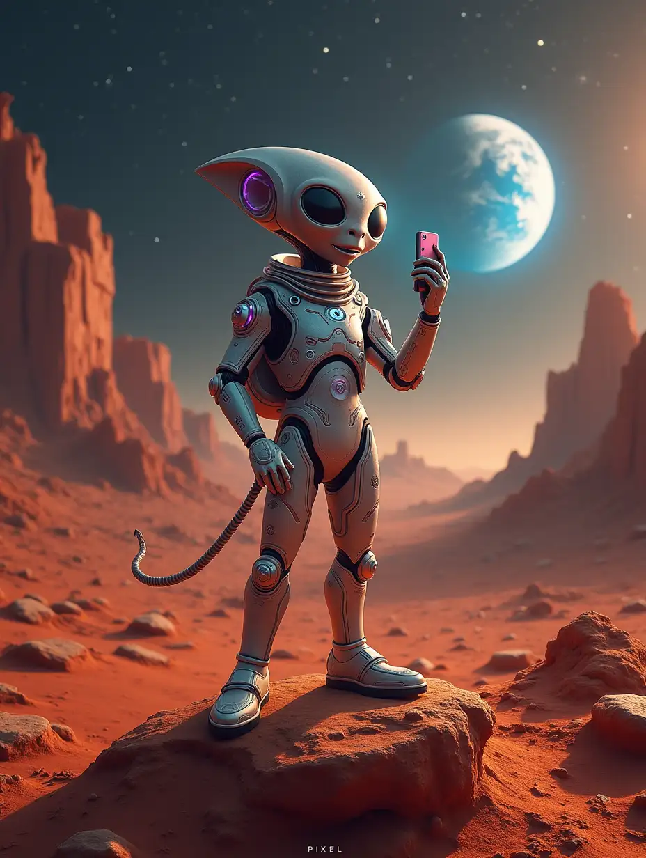 A whimsical ultra-detailed hyper-realistic masterpiece featuring a playful extraterrestrial taking a selfie on the rugged, red terrain of Mars. The alien, with its sleek, futuristic suit adorned with glowing patterns and holographic elements, holds a high-tech device, capturing the moment with a cheerful expression. In the background, the distant Earth is visible as a small, luminous blue dot in the vast, star-filled sky, adding a sense of wonder and scale. The Martian landscape is richly detailed, with rocky formations, dust clouds, and a faint atmosphere creating a dramatic and otherworldly setting. The scene is illuminated by the soft glow of the sun, casting long shadows and highlighting the intricate textures of the alien's suit and the Martian surface. A subtle lens flare and a futuristic filter effect enhance the selfie vibe, while the 'PIXEL' is discreetly placed in the bottom right corner. This captivating image blends science fiction, cosmic beauty, and a touch of humor, creating a visually stunning and immersive experience.