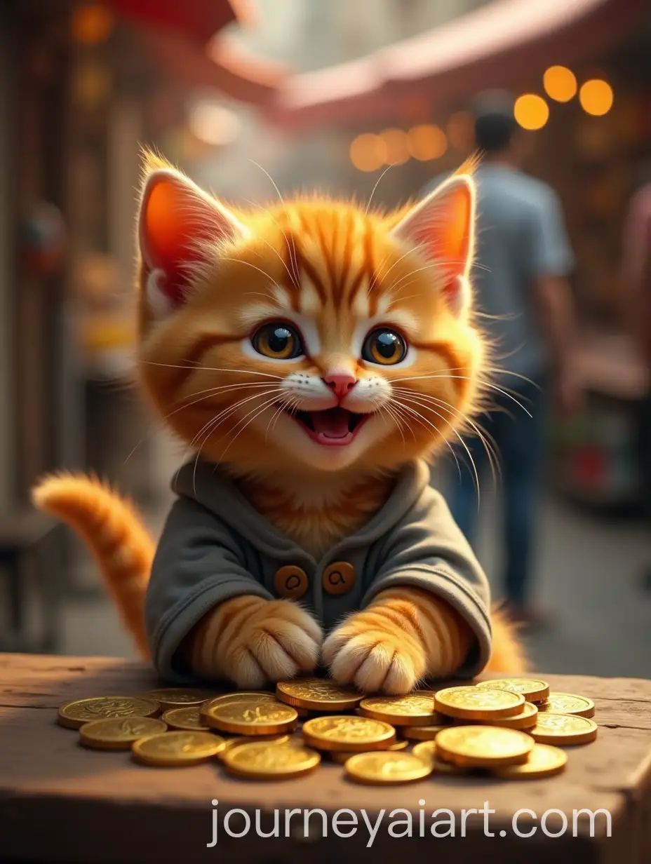 AI-Art-Prompt-ExpansionOrange-Kitten-Enjoying-Gold-Coins-at-Rustic-Market-Table