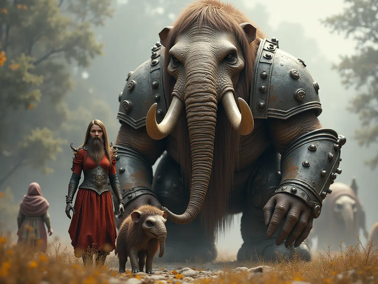 Ki-Fantasy family,Brontosaurus man,Woman and children with huge mammoth face with beard and with stainless steel armor equipment