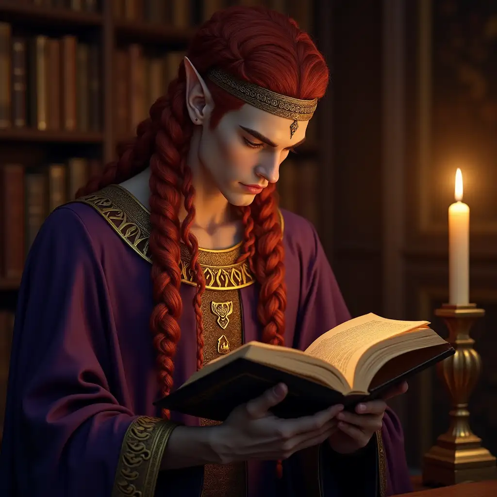 Fantasy Male Blood Elf Prince Reading in a Regal Library