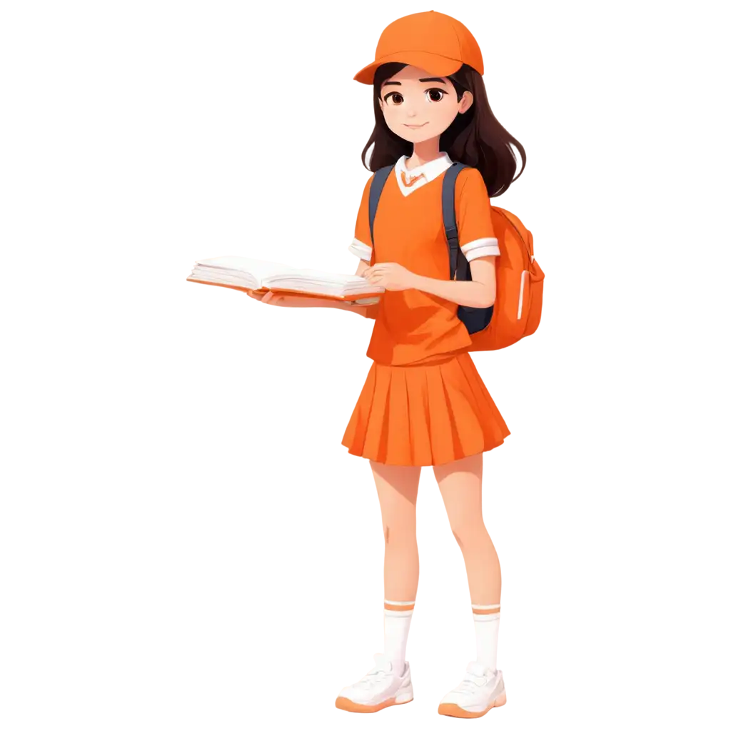 Cartoon-Girl-with-Orange-Cloth-and-Book-Student-Uniform-PNG-Image