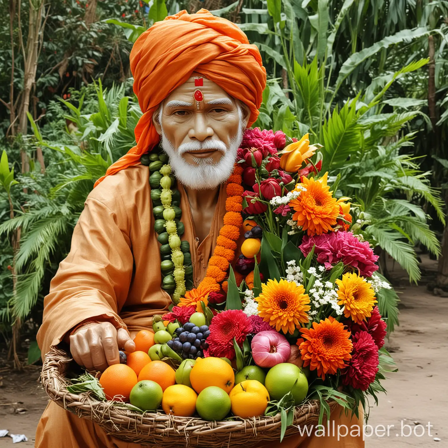 Sai-Baba-Sharing-Fruits-Among-Needy-Persons-in-a-Garden-of-Flowers