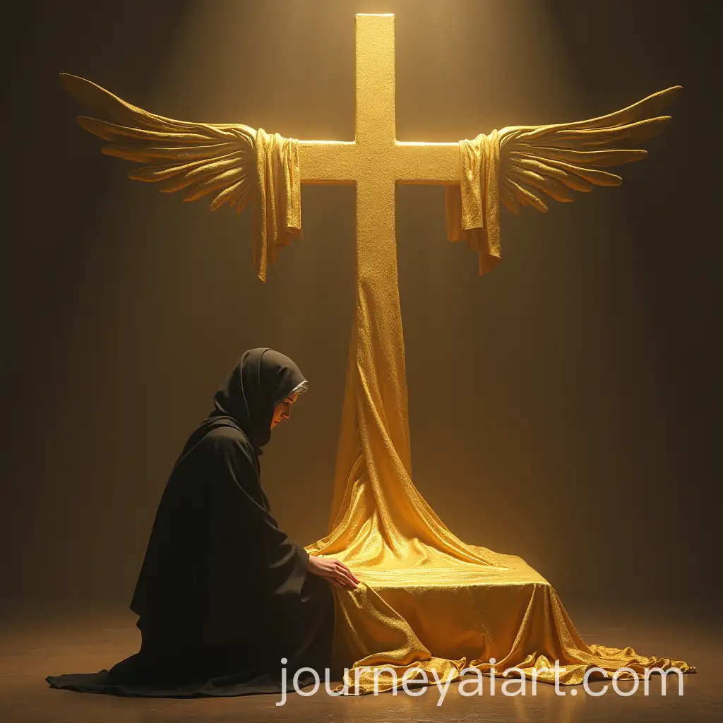 Jewish-Woman-Touching-Golden-Cloth-Draped-Cross-with-Wings