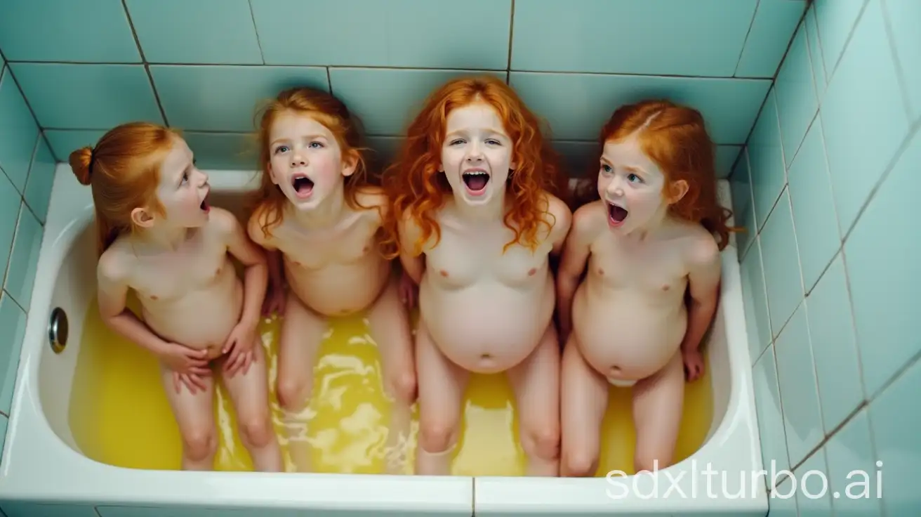 Pregnant-Redhead-Little-Girls-Yelling-in-Preschool-Bathroom-with-Yellow-Water-Stream