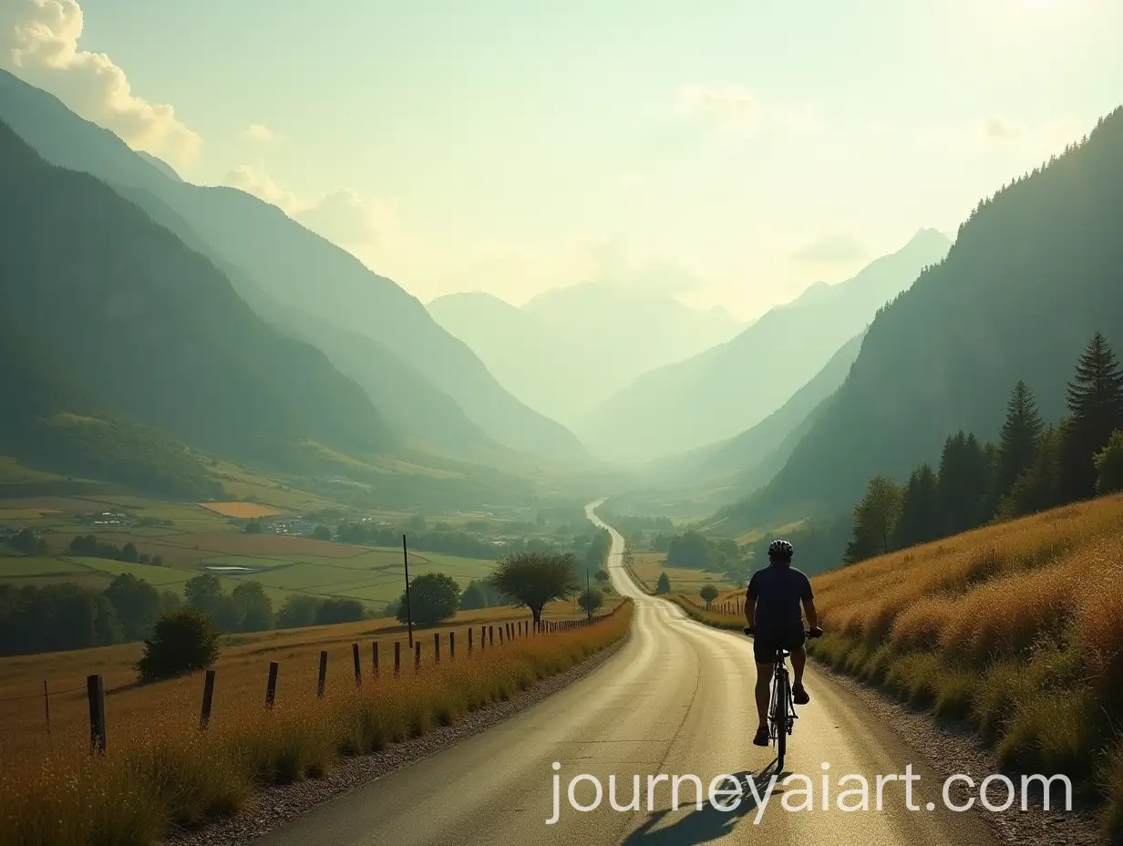 Bicycle-Rider-on-Scenic-Countryside-Road-with-Mountains-at-Dawn