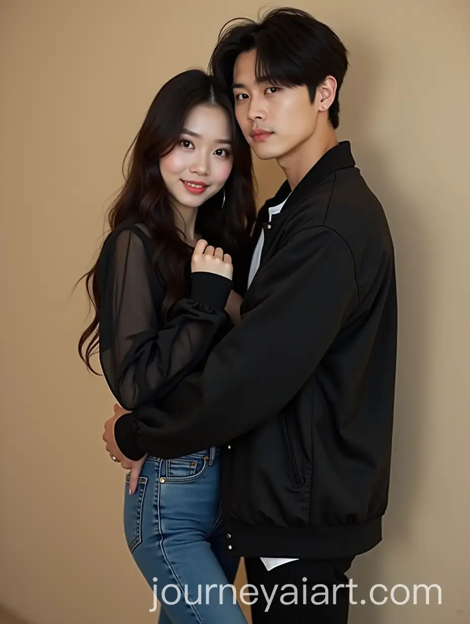 Korean-Woman-and-BTS-Suga-in-Stylish-Casual-Fashion-with-Bugman-Hairstyle