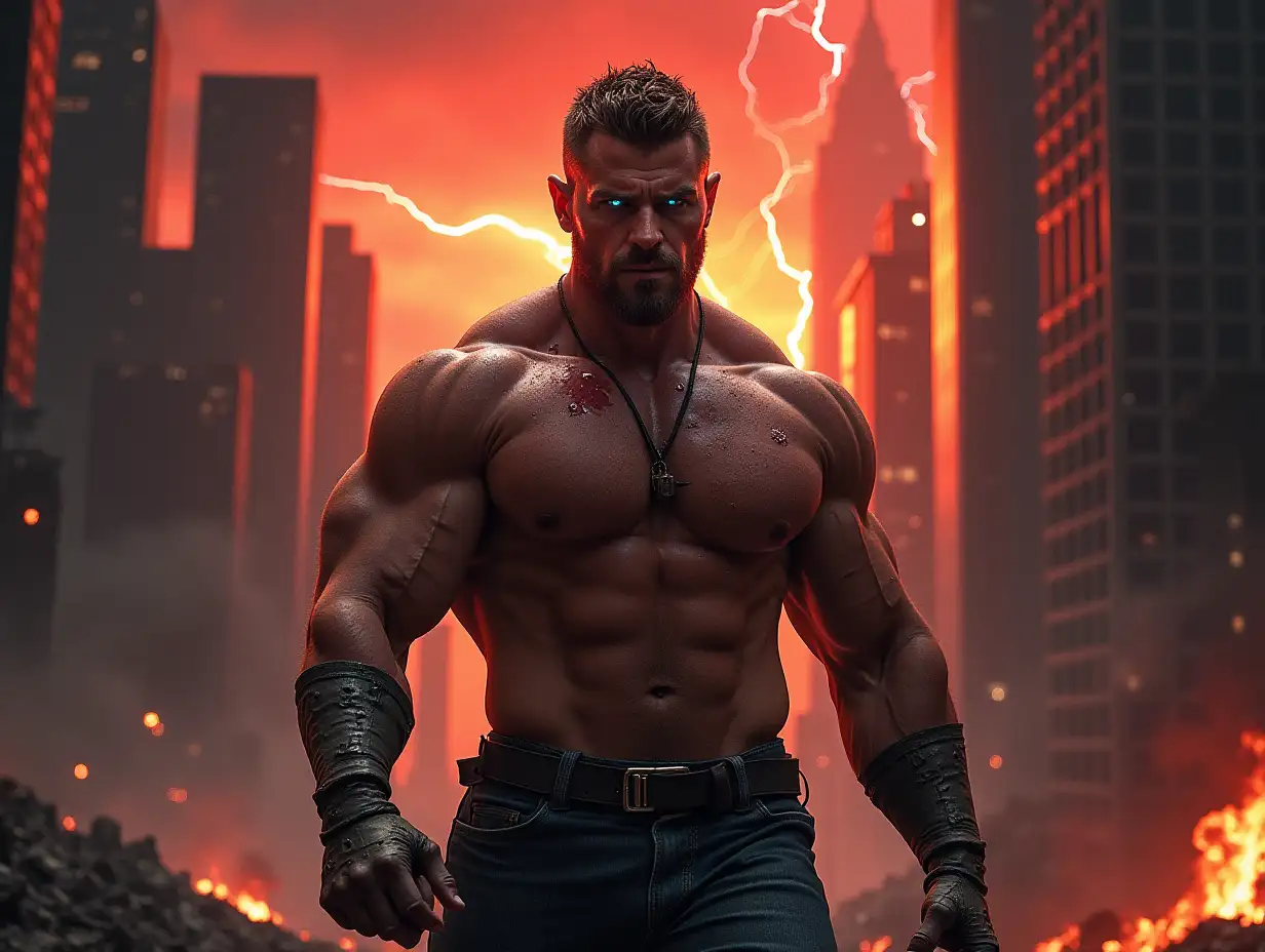 a muscular man with an intense gaze and bright blue eyes walks among destroyed skyscrapers and smoldering rubble. His skin is covered in dust and small wounds. The sky is dark red with lightning in the distance. An atmosphere of despair and chaos surrounds him, with shadows projected by the fire. Front-facing photo. White background