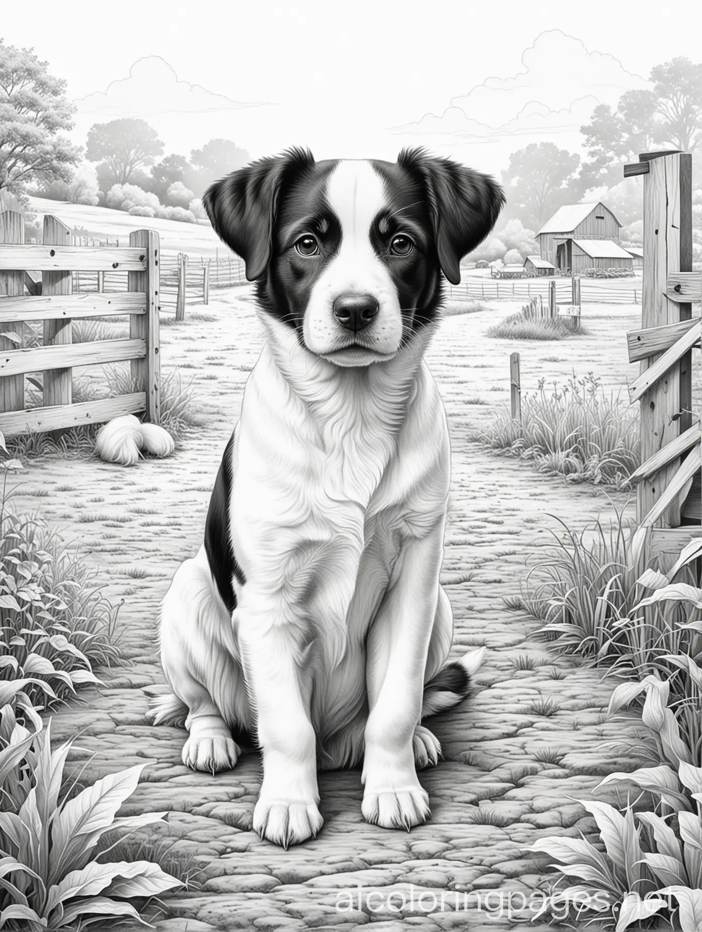 Cute-Black-and-White-Dog-on-a-Farm-Coloring-Page