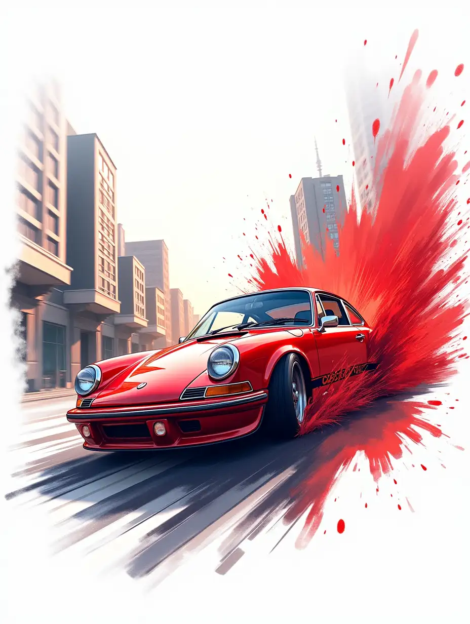 A vibrant red car bursting through an urban landscape, with dramatic splashes of red and black paint exploding from the tires. The artwork should capture the glossy surface of the car reflecting the modern cityscape, motion blur in the background, fast-paced energy, and streaks of light and paint cutting through the scene. The style should be watercolor and airbrush, with a clean white background, and inspired by Pixar-Disney, featuring expressive characters, bright colors, soft textures, and whimsical atmospheres, with a preference for chibi-style creatures and hip-hop-inspired outfits.