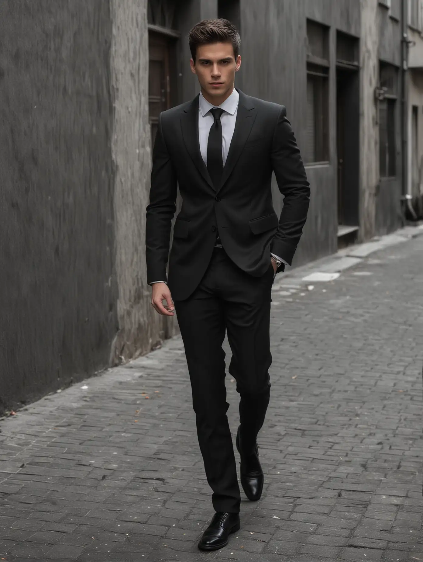 Black suit, foreign man, full body, about to walk, young and handsome