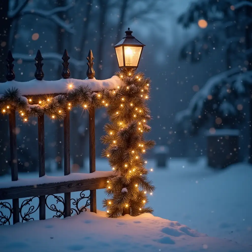 a fence post adorned with New Year's tinsel and lights on a snowy background