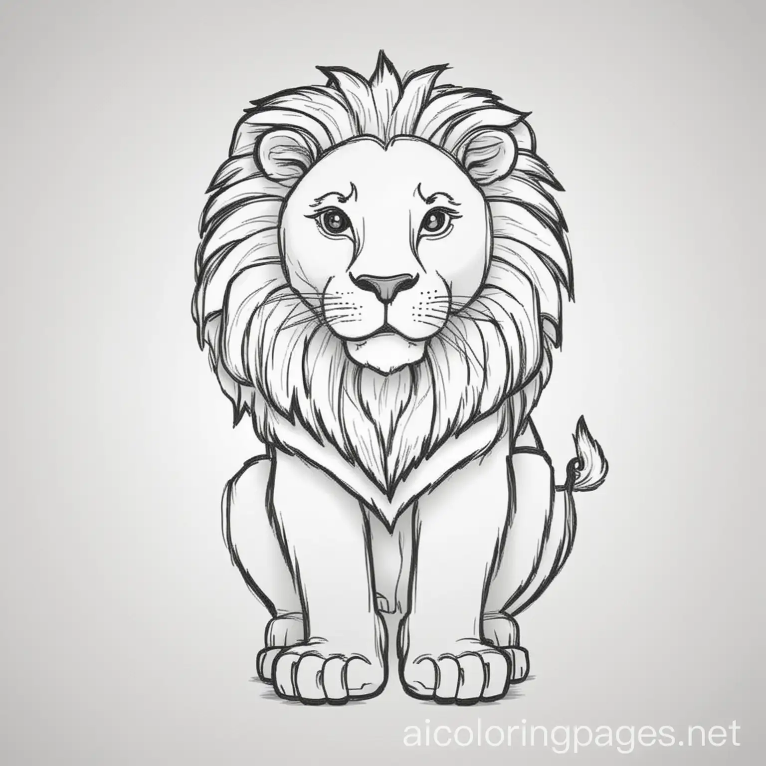 Lion full view , Coloring Page, black and white, line art, white background, Simplicity, Ample White Space. The background of the coloring page is plain white to make it easy for young children to color within the lines. The outlines of all the subjects are easy to distinguish, making it simple for kids to color without too much difficulty