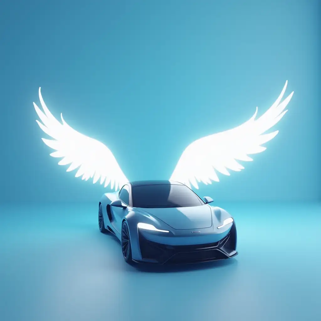 Modern car with large glowing wings, symbolizing freedom, soft blue background with clean lighting, smooth shadows, dynamic composition, realistic 3D render, no text