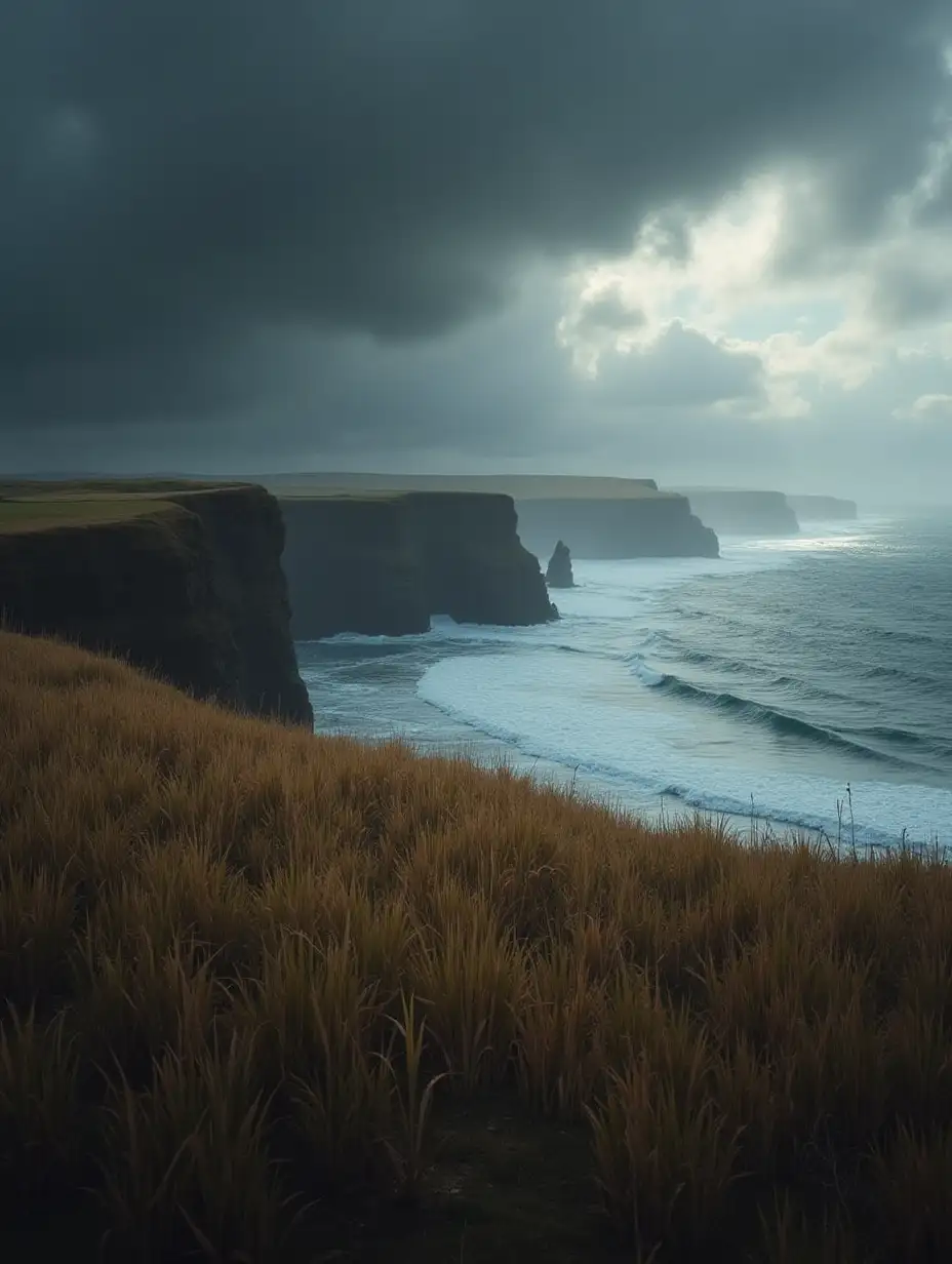 user_prompt: Field with tall brown and green grass, ahead high cliff, below sea and foamy waves, dark stormy sky with clouds