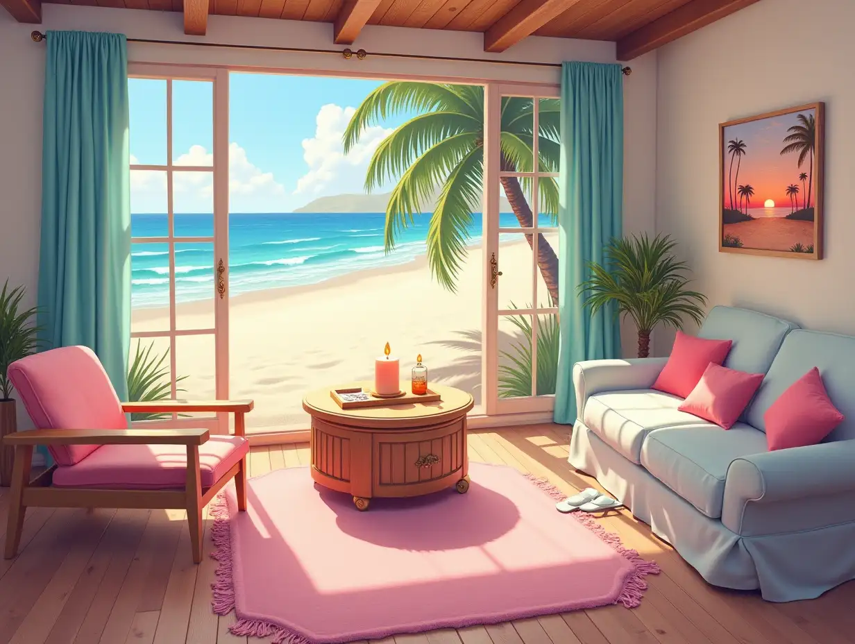 A graceful and elegant depiction of a cozy beach room on the beach with waves and palm trees, windows, slippers, girly chic painting portrait, a candlelit coffee table, a pink rug, and a girly-chic painting with the words Anissa Yanira engraved somewhere