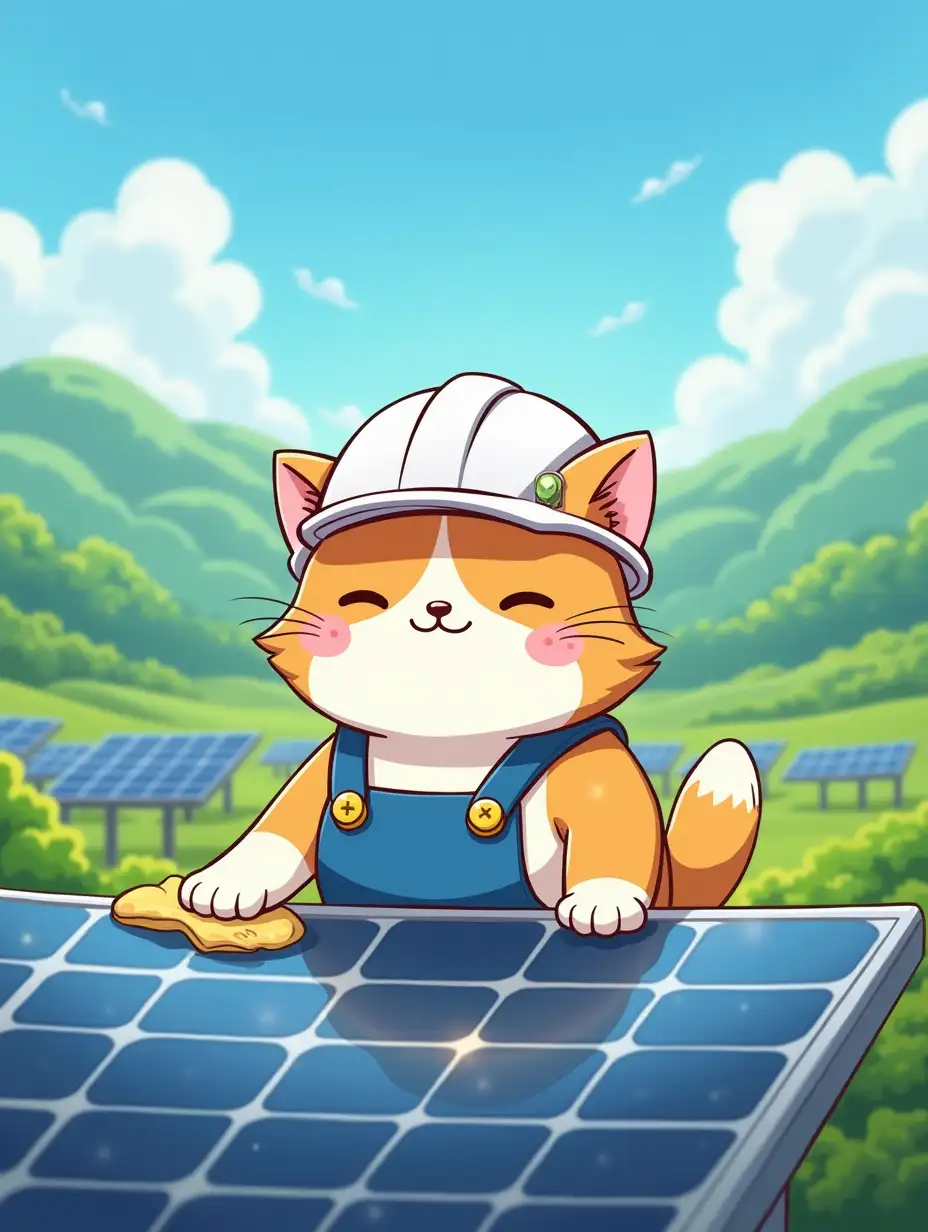 kawaii positive fluffy anime style cat in a white hard hat and blue overalls wipes a solar panel on a solar electric farm with a cloth. Green fields with solar energy farms in the background with atmosphere of magical glow, paint in cartoon anime style