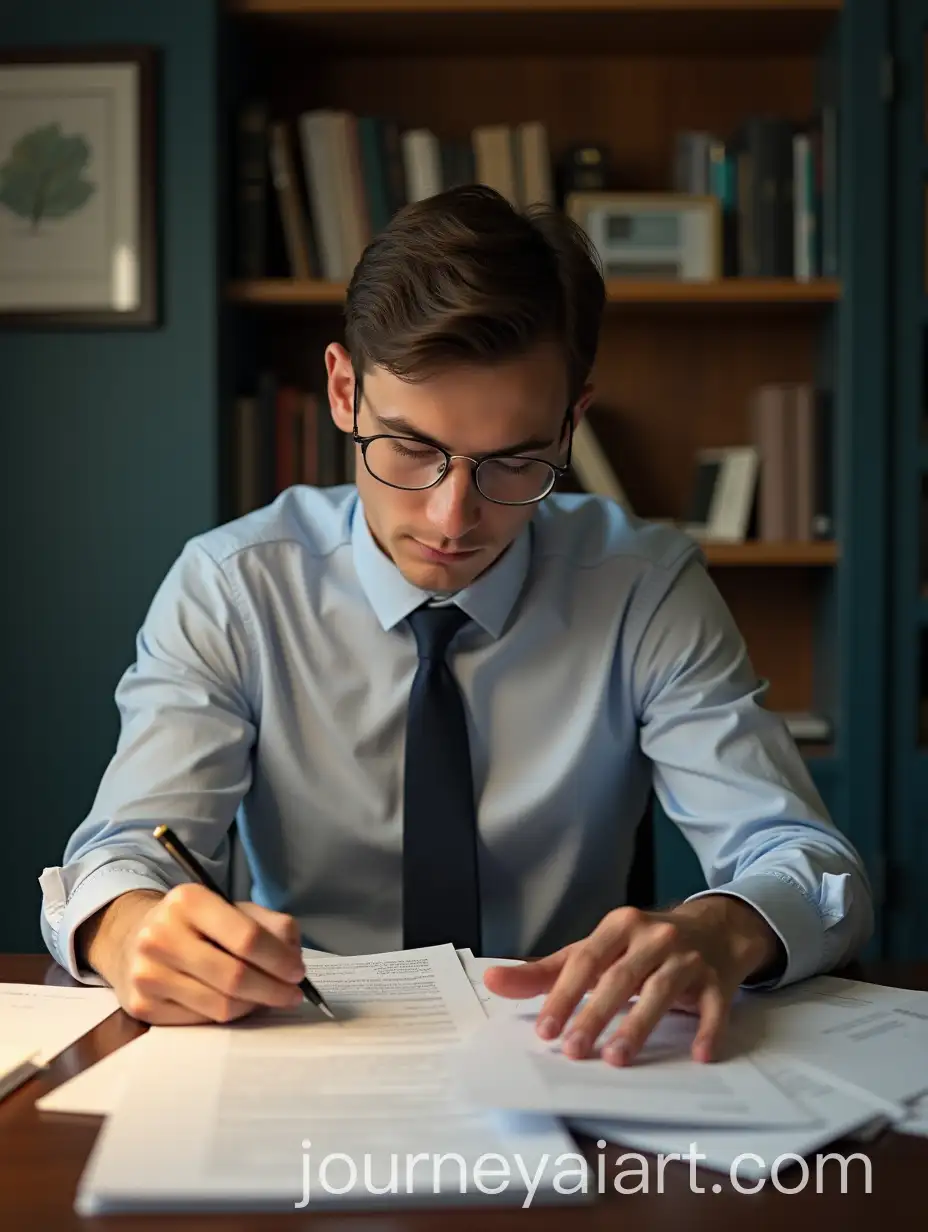 Young-Underwriter-Reviewing-Risk-Documents-at-Desk-with-Nameplate