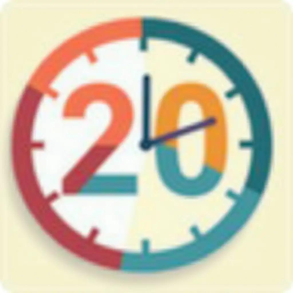 Colored clock with the number 20, with a large icon next to it representing a break, for example, a walking or running child, symbolizing a break from the screen every 20 minutes