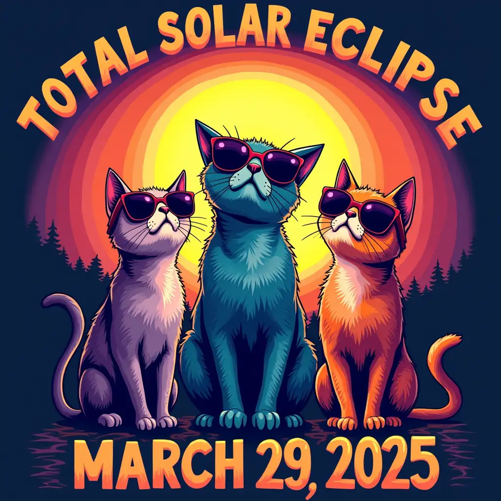 A vibrant and playful design featuring three cats wearing stylish sunglasses, gazing up at a total solar eclipse. The background showcases a stylized sunset with a gradient of vibrant colors, transitioning from deep oranges and reds to purples and blues. Above the cats, bold text reads 'TOTAL SOLAR ECLIPSE,' while below them, the date 'March 29, 2025' is displayed. The overall design is colorful, whimsical, and eye-catching.